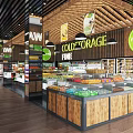 Well Organized Supermarket Interior with Product Shelves Bakery Counter Shopping Carts and Seating Area