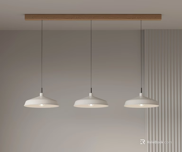 Three White Pendant Lights With Ceramic Shade Black Cords Wooden Beam Modern Minimalist Interior Decor 3d model 