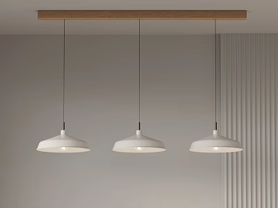 Three White Pendant Lights With Ceramic Shade Black Cords Wooden Beam Modern Minimalist Interior Decor 3d model