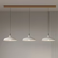 Three White Pendant Lights With Ceramic Shade Black Cords Wooden Beam Modern Minimalist Interior Decor