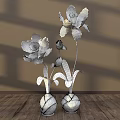 Floral Display with Yellow Pink Flowers in White Textured Vases on Wooden Table Shadow Effects