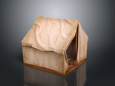 Canvas Play Tent Structure With Wooden Frame And Interior Items 3d model