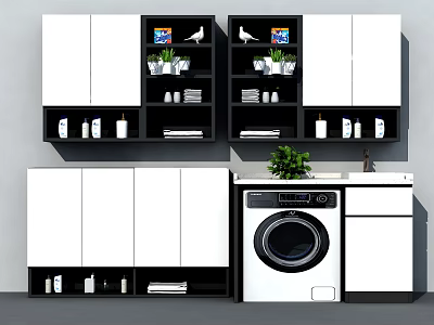 Modern Bathroom Cabinet With White Shelves Green Plant And Washing Machine Storage 3d model