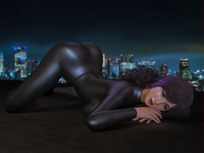 Woman in Black Bodysuit Lying on Rooftop With Night City Lights Background 3d model