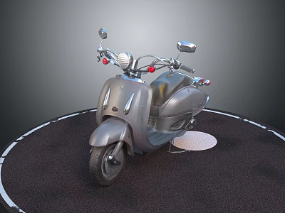 Gray Vintage Scooter Displayed On Circular Black Carpet Platform With Classic Details 3d model