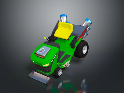 Green Toy Tractor With Yellow Seat Blue Exhaust Pipes And Silver Front Blade 3d model