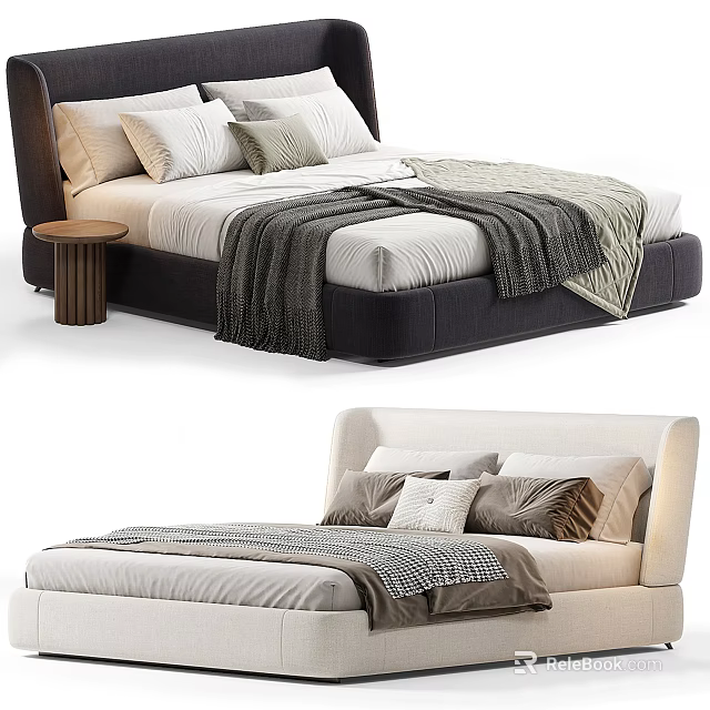 Modern Double Bed Design With Multiple Pillows Cozy Blankets And Bedside Table 3d model 