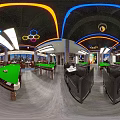 Modern Billiard Room Interior With Green Pool Tables Colorful Lighting And City Night View
