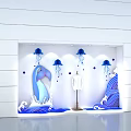 White Wall Window Display with Blue Whale Jellyfish Decorations Wave Patterns White Mannequin and Lighting 3d model