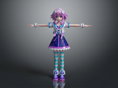 Anime Style Female Character With Purple Hair Blue And White Striped Socks And Arms Outstretched 3d model