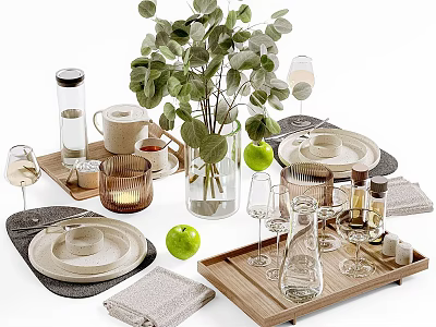 Delicate Restaurant Table Setting With Fine Tableware Wine Glasses Green Plants Wooden Tray And Apples 3d model