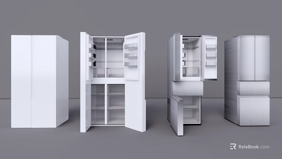 Modern Refrigerators and Freezers with Open Doors Showing Interior Storage Shelves 3d model 