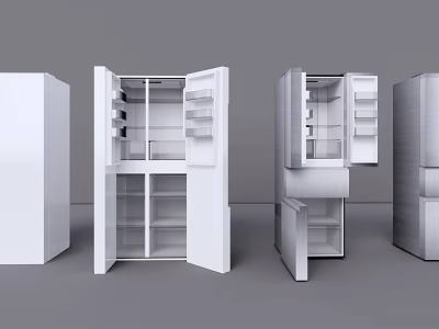 Modern Refrigerators and Freezers with Open Doors Showing Interior Storage Shelves 3d model