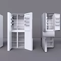 Modern Refrigerators and Freezers with Open Doors Showing Interior Storage Shelves