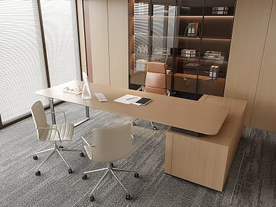 Modern Office Interior with Wooden Desk White Chairs Glass Bookshelf Documents Lamp Blinds Grey Carpet 3d model