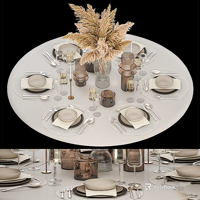 Stylish Tableware Set Arrangement On Dining Table With Plates Cutlery Vases And Candle Holders 3d model 