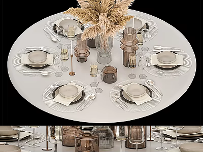 Stylish Tableware Set Arrangement On Dining Table With Plates Cutlery Vases And Candle Holders 3d model