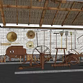 Cultural Museum Interior With Traditional Farm Tools Straw Roof Wall Decorations And Wooden Structures