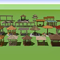 Various Styles of Garden Pavilions on Green Lawn with Blue Sky and Clouds