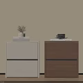 Modern White and Brown Bedside Tables With Books Potted Plant and Coffee Cup