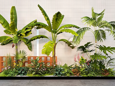 Lush Plant Combination Featuring Banana Palm Leaves Tropical Greenery Against White Wall And Wooden Fence 3d model