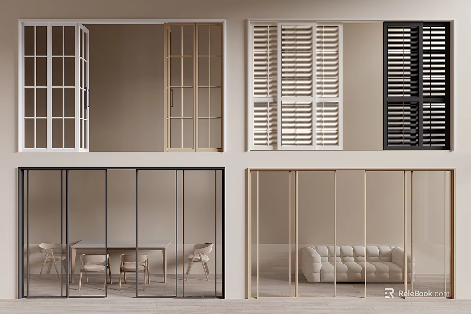 Modern Sliding Doors With Glass Panels And Different Frame Colors For Living Dining Areas 3d model 