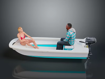 White Boat With Blue Accents Outboard Motor And Two Seated People 3d model
