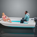 White Boat With Blue Accents Outboard Motor And Two Seated People