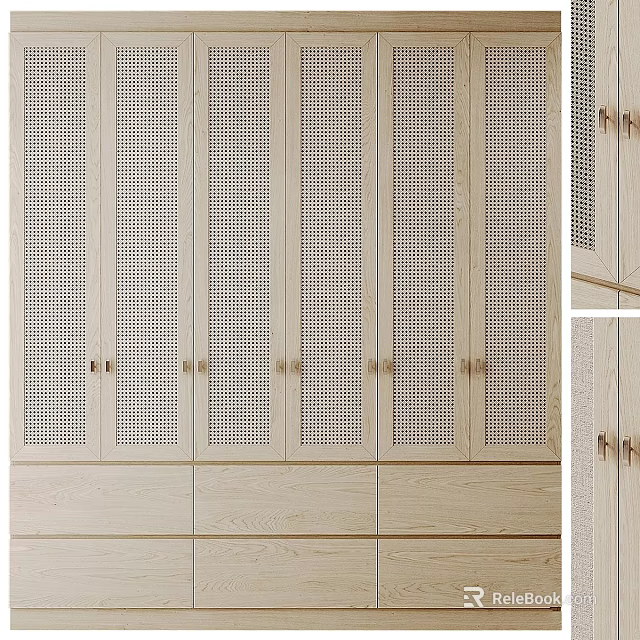 Modern Minimalist Wooden Storage Cabinets Featuring Vertical Perforated Design Light Wood Tone And Metal Handles 3d model 