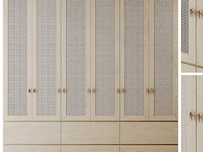 Modern Minimalist Wooden Storage Cabinets Featuring Vertical Perforated Design Light Wood Tone And Metal Handles 3d model