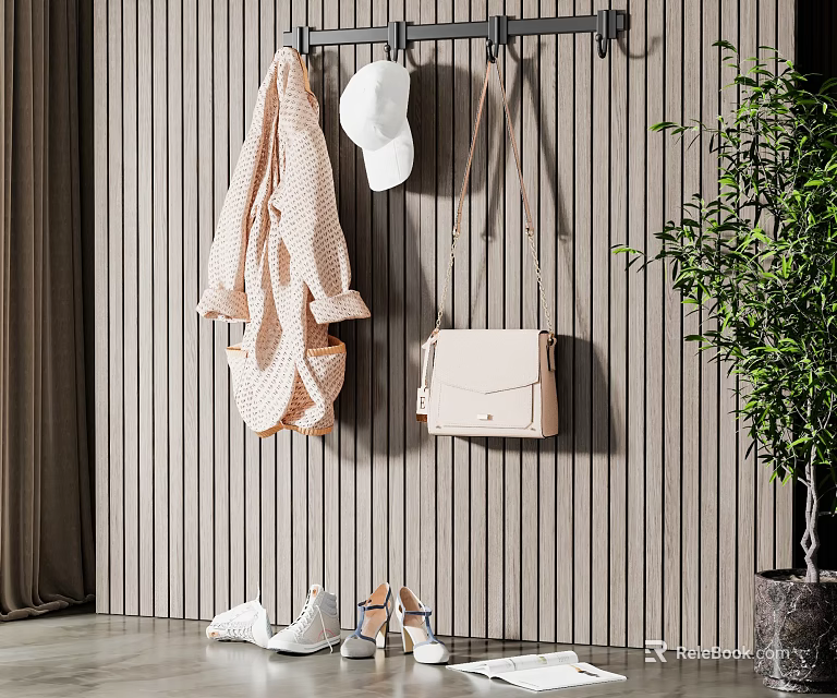 Beige Plaid Coat with White Hat Beige Bag Shoes on Striped Wooden Wall Green Plant 3d model 