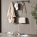 Beige Plaid Coat with White Hat Beige Bag Shoes on Striped Wooden Wall Green Plant