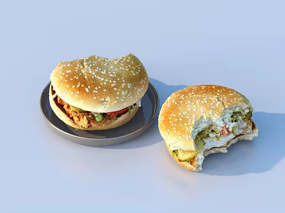 Delicious Hamburgers With Sesame Seed Buns One On Plate And One Bitten 3d model
