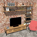 Wooden TV Stand with Black Metal Shelves Against Brick Wall and Red Striped Chair