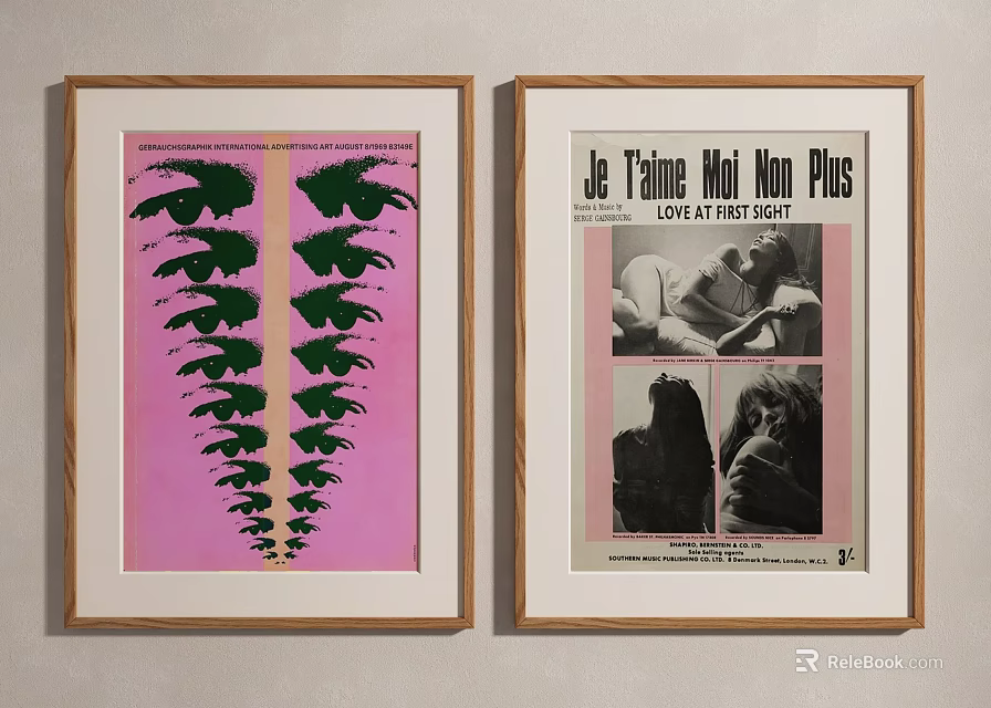 Framed Wall Art Posters With Pink Background Black Patterns And Vintage Text 3d model 