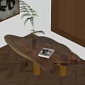 Wooden Coffee Table With Natural Edge Glass Vase Green Plant And Magazine On Herringbone Floor