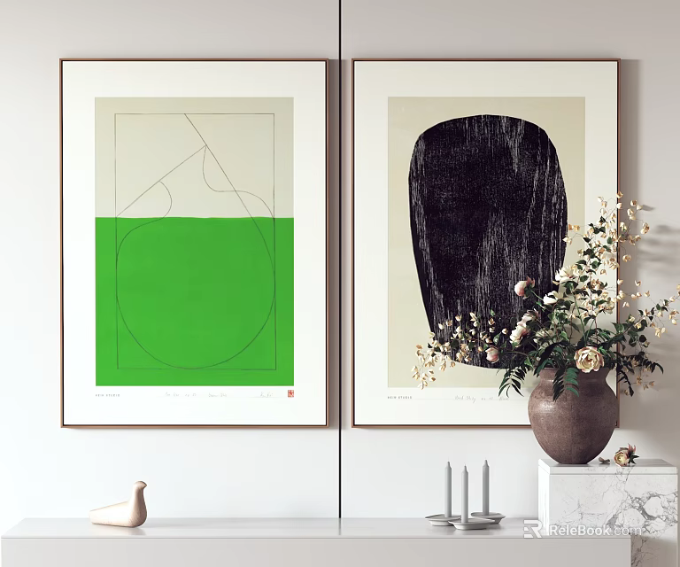 Minimalist Wall Decor With Abstract Paintings Vase Flowers And Decorative Objects 3d model