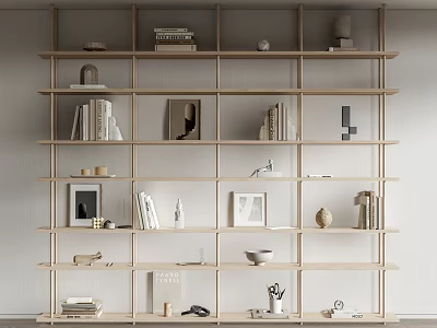 Modern Minimalist Wooden Bookshelf With Multiple Shelves Books Photo Frames And Decorative Items 3d model