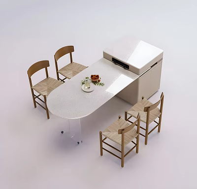 Elegant Oval Dining Table Set With Wooden Chairs Woven Seats And Rolling Side Cabinet 3d model