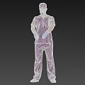Man in purple scrubs full body wearing medical mask cap and blue gloves standing