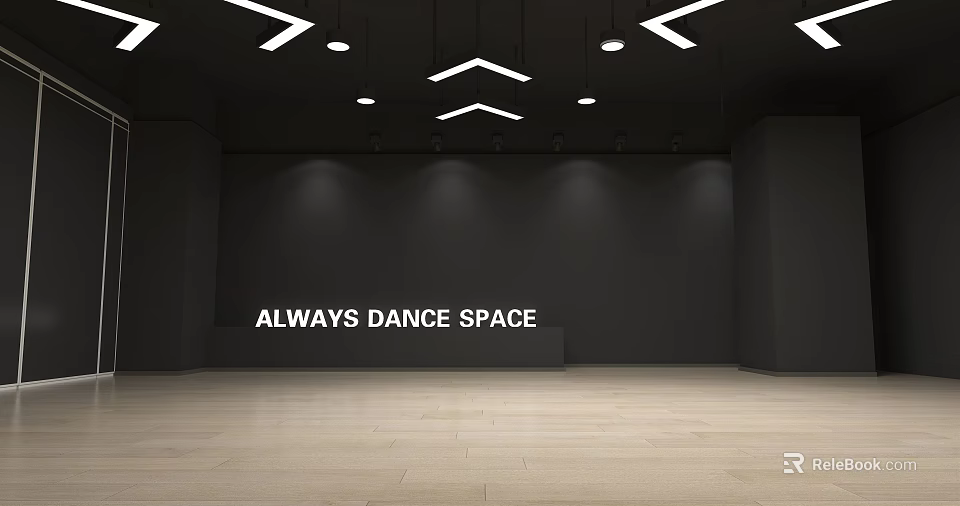 Always Dance Space Fitness Studio With Wooden Floor Black Walls And Ceiling Lights 3d model 