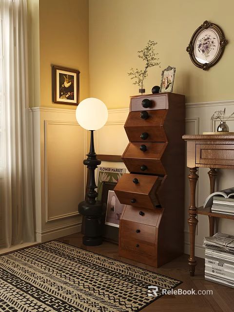 Classic Wooden Entryway Side Cabinet With Multi Drawer Design Floor Lamp And Wall Art 3d model 
