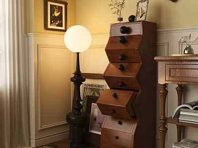 Classic Wooden Entryway Side Cabinet With Multi Drawer Design Floor Lamp And Wall Art 3d model
