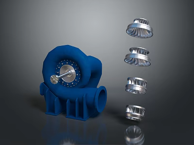 Turbocharger Exploded View With Blue Housing And Silver Turbine Blades 3d model
