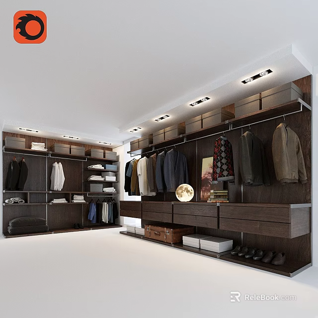 Modern Walk In Closet With Organized Storage Cabinets Hanging Clothes And Drawers 3d model 