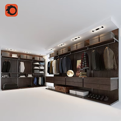Modern Walk In Closet With Organized Storage Cabinets Hanging Clothes And Drawers 3d model