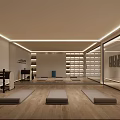 Well Lit Fitness Studio With Wooden Floor Gray Exercise Mats Black Equipment And White Shelves