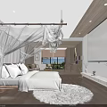 Warm Homestay Guest Room With White Canopy Bed Wooden Flooring Plush Rug And Large TV