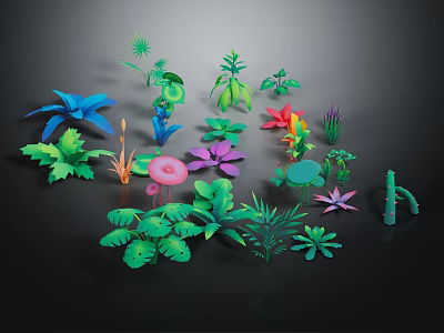 Colorful Cartoon Scene With Various Plants Flamingo Tropical Flowers And Leaves 3d model