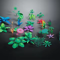Colorful Cartoon Scene With Various Plants Flamingo Tropical Flowers And Leaves